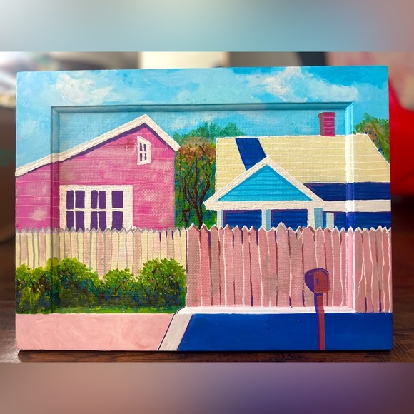 Acrylic Hand-Painted Suburban Neighborhood Art – 3D House Scene on Wood Frame - Picture 4 of 7